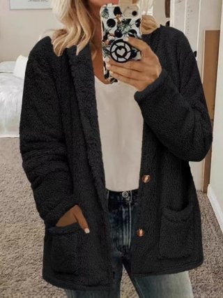 Women's Fuzzy Sherpa Fleece Hooded Cardigan Jacket Loose Fit Warm Winter Plush Coat With Pockets Button Down Outwear For Ladies Casual Daily Wear