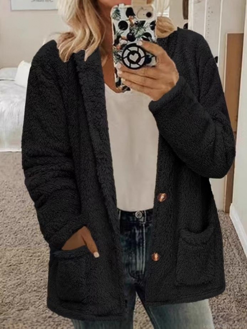 Women's Fuzzy Sherpa Fleece Hooded Cardigan Jacket Loose Fit Warm Winter Plush Coat With Pockets Button Down Outwear For Ladies Casual Daily Wear