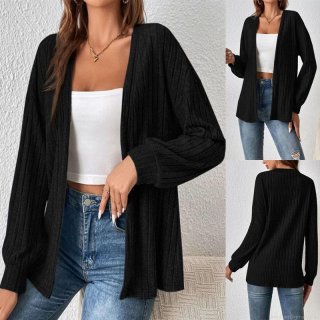 Women's Casual Ribbed Knit Cardigan Long Sleeve Open Front Brushed Polyester Spandex Solid Color Lightweight Jacket For Autumn Winter Daily Wear