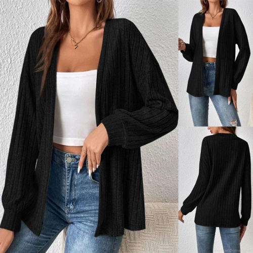 Women's Casual Ribbed Knit Cardigan Long Sleeve Open Front Brushed Polyester Spandex Solid Color Lightweight Jacket For Autumn Winter Daily Wear