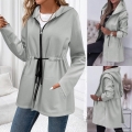 Women Plus Size Hooded Fleece Jacket-Casual Mid-Length Drawstring Waist Zip-Up Sweatshirt Coat-Autumn Winter Solid Color Warm Long Sleeve Outwear