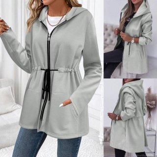 Women Plus Size Hooded Fleece Jacket-Casual Mid-Length Drawstring Waist Zip-Up Sweatshirt Coat-Autumn Winter Solid Color Warm Long Sleeve Outwear