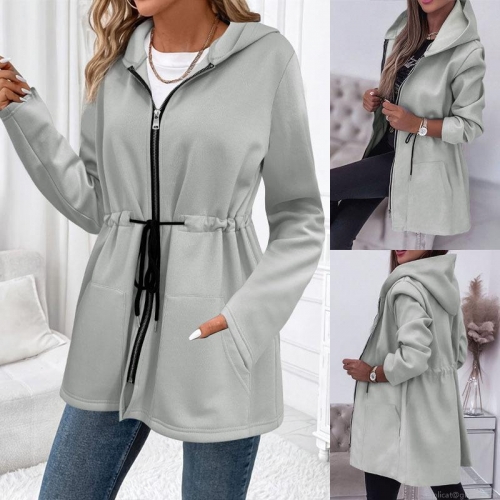Women Plus Size Hooded Fleece Jacket-Casual Mid-Length Drawstring Waist Zip-Up Sweatshirt Coat-Autumn Winter Solid Color Warm Long Sleeve Outwear