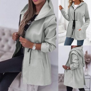 Women's Casual Mid-Length Hooded Jacket Fleece Lined Zip Up Drawstring Waist Coat With Pockets Polyester Spandex Long Sleeve Outerwear For Autumn Winter