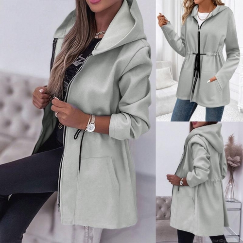 Women's Casual Mid-Length Hooded Jacket Fleece Lined Zip Up Drawstring Waist Coat With Pockets Polyester Spandex Long Sleeve Outerwear For Autumn Winter