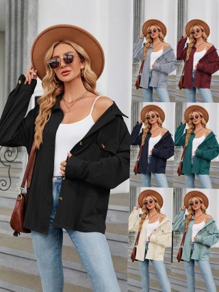 Women's Textured Casual Button Down Shirt Jacket Solid Color Long Sleeve Coat With Pockets Turn-down Collar Autumn Winter Outerwear Fashion Top