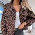 Women's Leopard Print Denim Jacket Loose Fit Raw Hem Cropped Jean Outwear With Chest Pockets Button Down Streetwear Coat For Fall Spring
