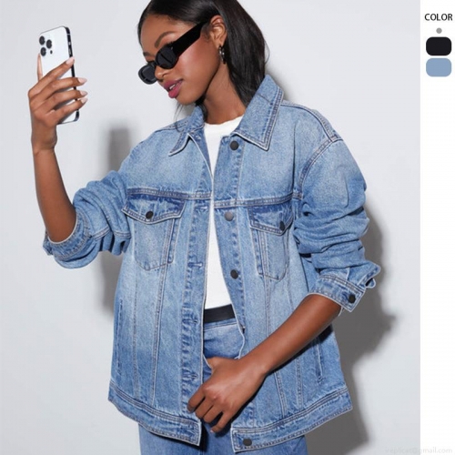 Women's Oversized Washed Denim Jacket Casual Cotton Polyester Blend Long Sleeve Button Down Jean Coat Streetwear Outerwear For Women