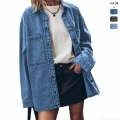Women's Vintage Washed Denim Jacket Shirt Oversized Long Sleeve Button Down Blouse with Large Pockets Casual Western Style Spring Autumn Denim Outerwear Tops