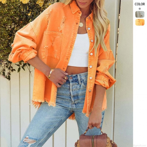 Women Vintage Ripped Denim Jacket Oversized Distressed Jean Shirt Outerwear Long Sleeve Frayed Hem Button Down Jean Coat With Pockets