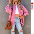 Women's Casual Distressed Denim Jacket Frayed Raw Hem Fringe Long Sleeve Shacket Loose Fit Button Down Outerwear Top For Women Fashion Streetwear