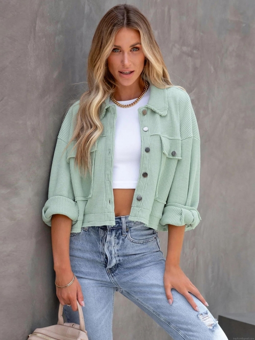 Waffle Knit Shacket For Women Trendy Polo Collar Button Down Long Sleeve Crop Jacket Casual Lightweight Fall Outerwear With Pockets Solid Color Top