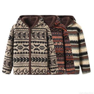 Women's Winter Retro Ethnic Print Hooded Fleece Jacket Warm Loose Zip-Up Coat Geometric Bohemian Pattern Thick Outerwear For Casual Daily Wear