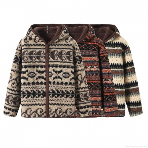 Women's Winter Retro Ethnic Print Hooded Fleece Jacket Warm Loose Zip-Up Coat Geometric Bohemian Pattern Thick Outerwear For Casual Daily Wear