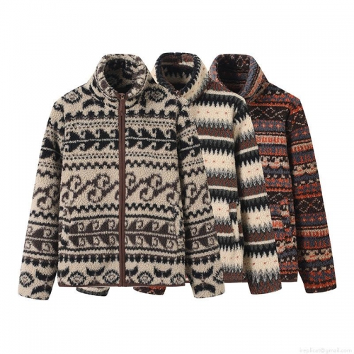 Women's Vintage Ethnic Geometric Print Fleece Jacket Loose Stand Collar Sherpa Lamb Wool Coat Full Zipper Warm Winter Outerwear Casual Women Clothing