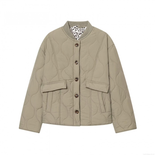 Women Casual Quilted Padded Jacket With Leopard Print Lining Stand Collar Button Up Onion Pattern Padded Coat For Winter Ladies Outerwear