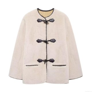 Women's Faux Fur Coat Winter Warm Lambswool Texture Jacket With Horn Toggle Buckles Fashion Loose Medium Length Outerwear For Women
