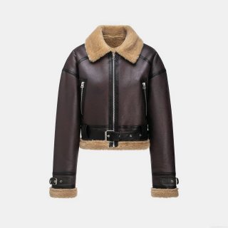 Women's Faux Leather Shearling Aviator Jacket Warm Fleece Lined Moto Coat With Waistbelt Lapel Zip Up Short Outwear For Winter Casual Ladies