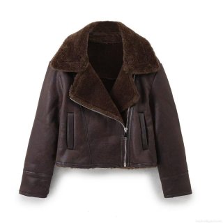Women's Winter Faux Leather Shearling Biker Jacket Warm Short Aviator Coat With Sherpa Lining Casual Brown Outerwear For Women