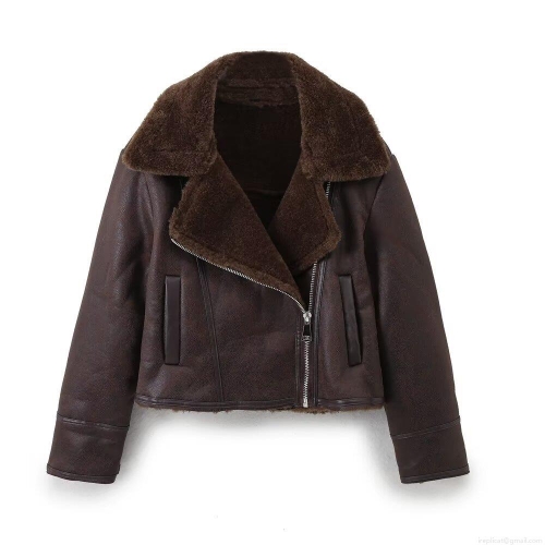 Women's Winter Faux Leather Shearling Biker Jacket Warm Short Aviator Coat With Sherpa Lining Casual Brown Outerwear For Women