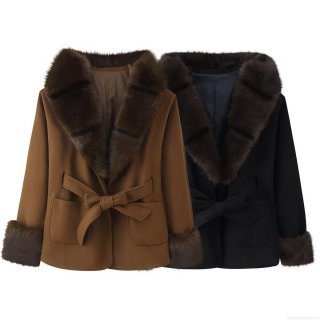 Women Winter Elegant Woolen Coat With Faux Fur Collar Hooded Tie-Belt Solid Color Long Sleeve Pockets Warm Jacket For Commute Daily