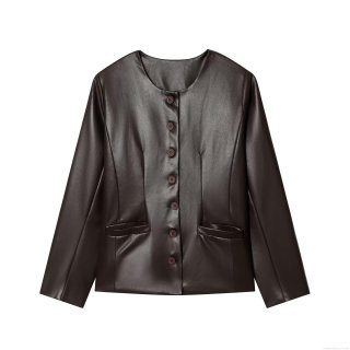 Women's Minimalist PU Faux Leather Jacket Round Neck Single Breasted Long Sleeve Short Coat With Pockets Casual Versatile Polyester Daily Outerwear For Women