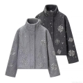 Women's Casual Woolen Jacket Coat With Snowflake Sequin Rhinestone Embroidery Stand Collar Loose Fit Winter Warm Elegant Short Jacket For Women