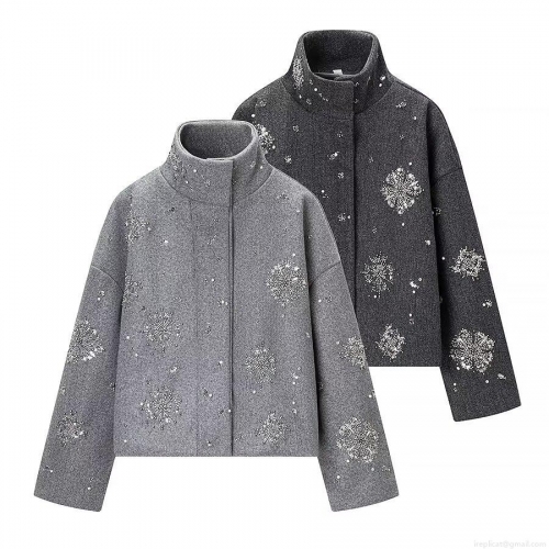Women's Casual Woolen Jacket Coat With Snowflake Sequin Rhinestone Embroidery Stand Collar Loose Fit Winter Warm Elegant Short Jacket For Women
