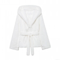 Women's White Faux Fur Hooded Jacket With Belt Fashion Mid-Length Fluffy Bathrobe Style Warm Winter Outerwear Casual 100% Polyester Coat