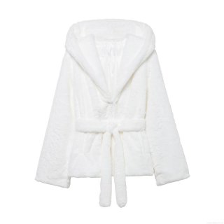 Women's White Faux Fur Hooded Jacket With Belt Fashion Mid-Length Fluffy Bathrobe Style Warm Winter Outerwear Casual 100% Polyester Coat