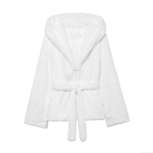 Women's White Faux Fur Hooded Jacket With Belt Fashion Mid-Length Fluffy Bathrobe Style Warm Winter Outerwear Casual 100% Polyester Coat