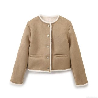 Women's Faux Suede Shearling Jacket Warm Fleece Lined Outerwear With Gold Buttons Casual Round Neck Short Coat For Winter Daily Wear Ladies Fashion