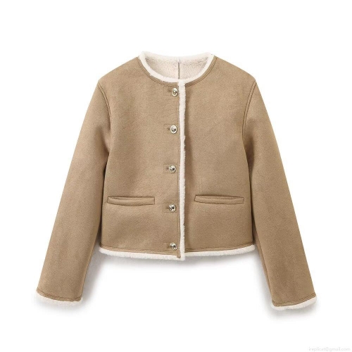 Women's Faux Suede Shearling Jacket Warm Fleece Lined Outerwear With Gold Buttons Casual Round Neck Short Coat For Winter Daily Wear Ladies Fashion