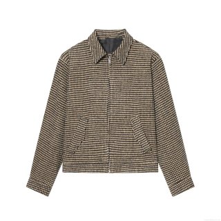 Women's Casual Houndstooth Zipper Jacket Retro Turndown Collar Shoulder Pads Loose Fit Outerwear Winter Fashion Polyester Spandex Coat