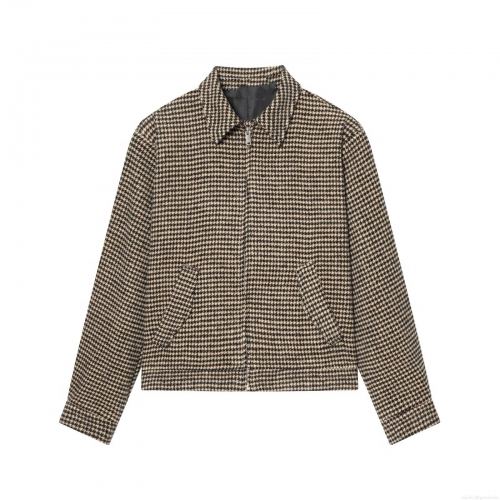 Women's Casual Houndstooth Zipper Jacket Retro Turndown Collar Shoulder Pads Loose Fit Outerwear Winter Fashion Polyester Spandex Coat