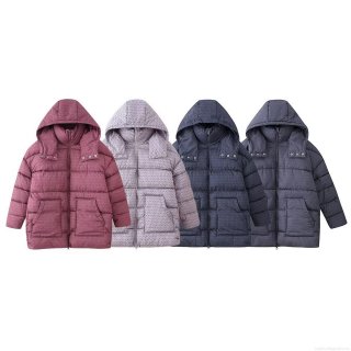 Women's Casual Geometric Print Cotton Padded Jacket With Detachable Hood Loose Fit Long Sleeve Winter Warm Zip Up Mid-Length Quilted Coat