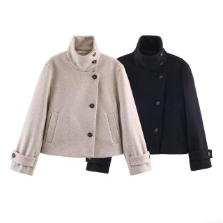 Women's Fashion Short Woolen Coat Winter Stand Collar Asymmetrical Single-Breasted Jacket Long Sleeve Thick Outerwear With Pockets For Ladies Casual Daily Wear