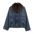 Women's Vintage Oversized Denim Bomber Jacket With Thick Faux Fur Collar Casual Blue Winter Coat With Large Pockets Long Sleeve Zip Up Warm Outwear