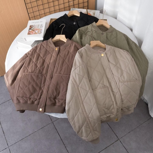 Women's Fashion Diamond Quilted Bomber Jacket Stand Collar Padded Outerwear Loose Casual Winter Coat With Metal Buttons Polyester Fabric And Filling