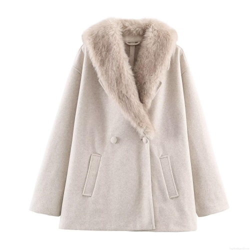 Women's Elegant Solid Color Woolen Coat With Fur Collar Winter Warm Long Sleeve Double Button Jacket Casual Commuter Outerwear