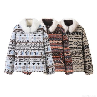 Women's Retro Ethnic Jacquard Fleece Jacket Thick Warm Sherpa Coat Removable Faux Fur Collar Loose Casual Long Sleeve Outerwear For Winter