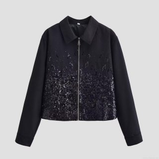 Women's Black Sequin Gradient Jacket 100% Polyester Twill Fabric Zip Up Lapel Collar Long Sleeve Casual Outerwear Fashion Winter Coat For Women