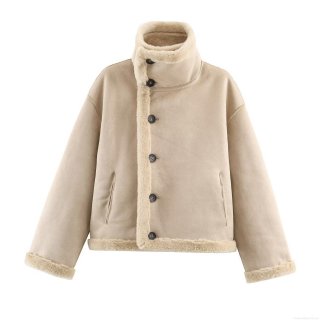 Women's Reversible Faux Shearling Jacket Winter Warm Stand Collar Synthetic Suede Coat Casual Loose Long Sleeve Outwear For Women