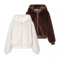 Women Faux Fur Hooded Jacket Winter Warm Plush Fleece Coat With Zipper Solid Color Casual Loose Outerwear For Ladies