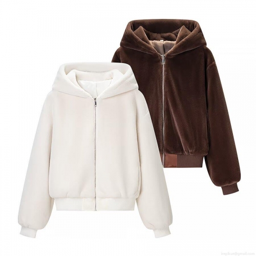 Women Faux Fur Hooded Jacket Winter Warm Plush Fleece Coat With Zipper Solid Color Casual Loose Outerwear For Ladies