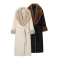 Women's Elegant Long Woolen Coat With Faux Fur Collar And Cuff Splicing Belted Waist Solid Color Warm Overcoat For Autumn Winter Fashion Office Lady