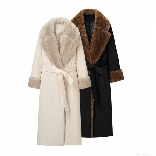 Women's Elegant Long Woolen Coat With Faux Fur Collar And Cuff Splicing Belted Waist Solid Color Warm Overcoat For Autumn Winter Fashion Office Lady