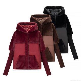 Women's Faux Fur Patchwork Hooded Jacket Winter Casual Padded Coat With Ribbed Knit Long Sleeves Zip Up Warm Quilted Outerwear Ladies Fashion Loose Fit Jacket