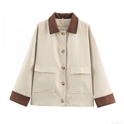 Women's Fashion Short Jacket Casual Color Block Lapel Windbreaker Coat Faux Suede Trim Single Breasted Outerwear With Large Pockets For Spring Autumn