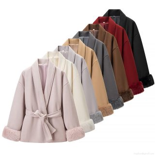 Women's Elegant Woolen Coat With Faux Fur Cuffs Solid Color Shawl Collar Belted Mid-Length Outerwear Jacket For Winter Daily Wear